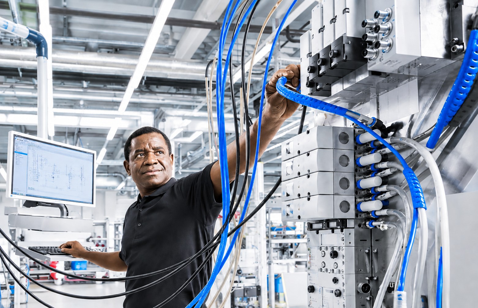 Engineer connecting control lines on an automation assembly beside a CAD workstation