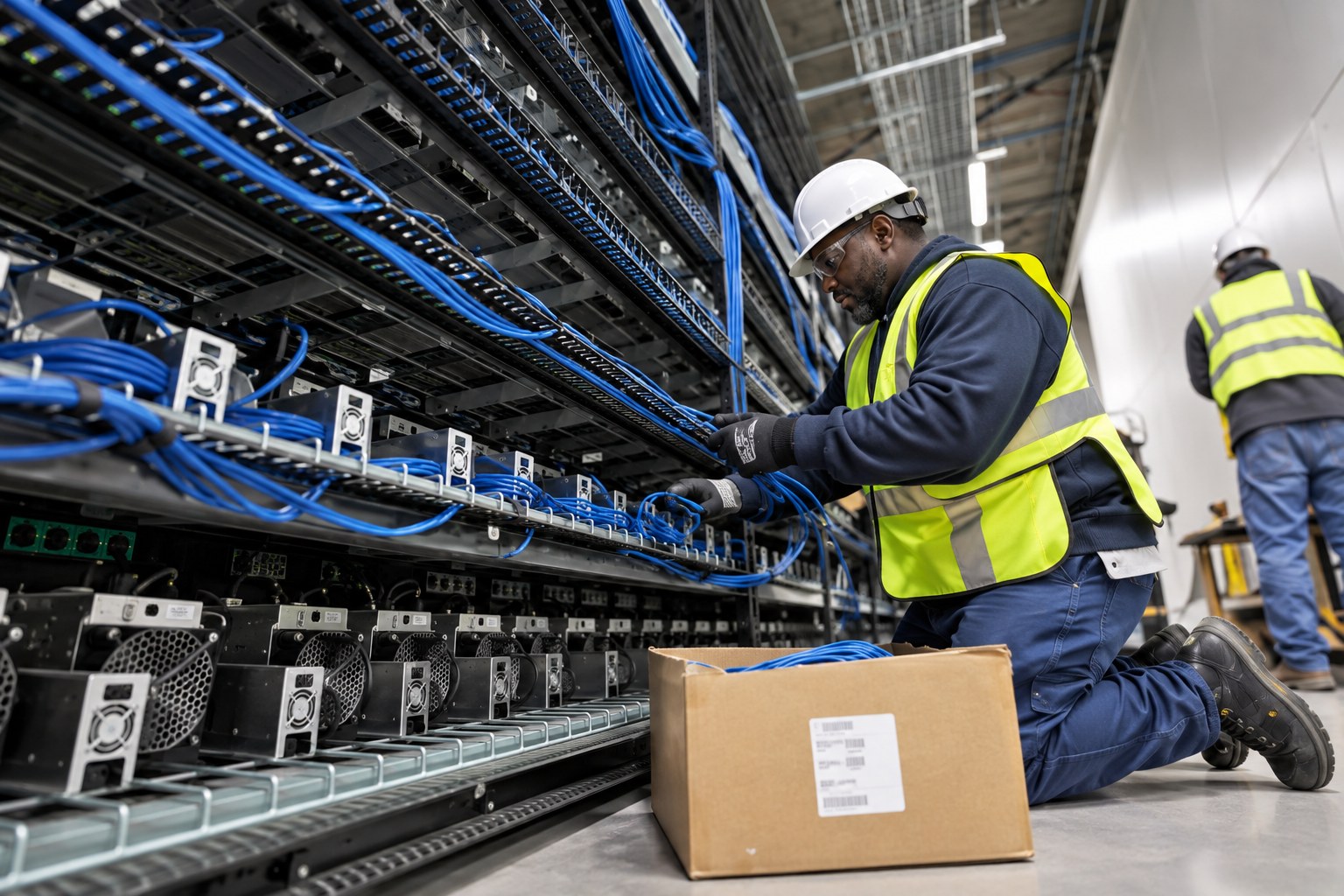 Technicians cabling high-density equipment racks in a data facility