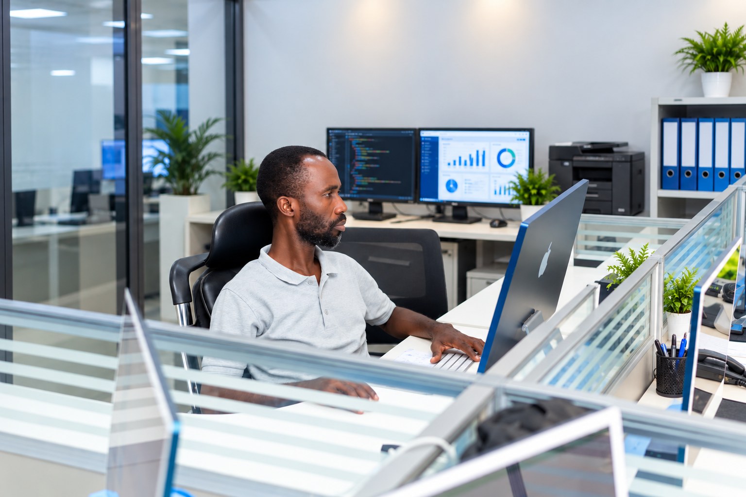 Engineer working across code and performance dashboards at a workstation