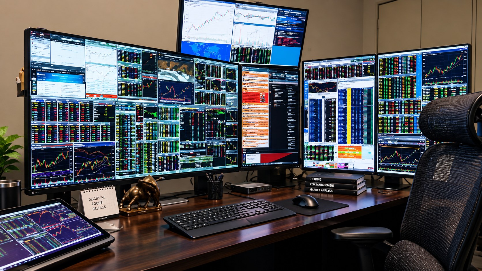 Analyst workstation with dashboards across a bank of monitors