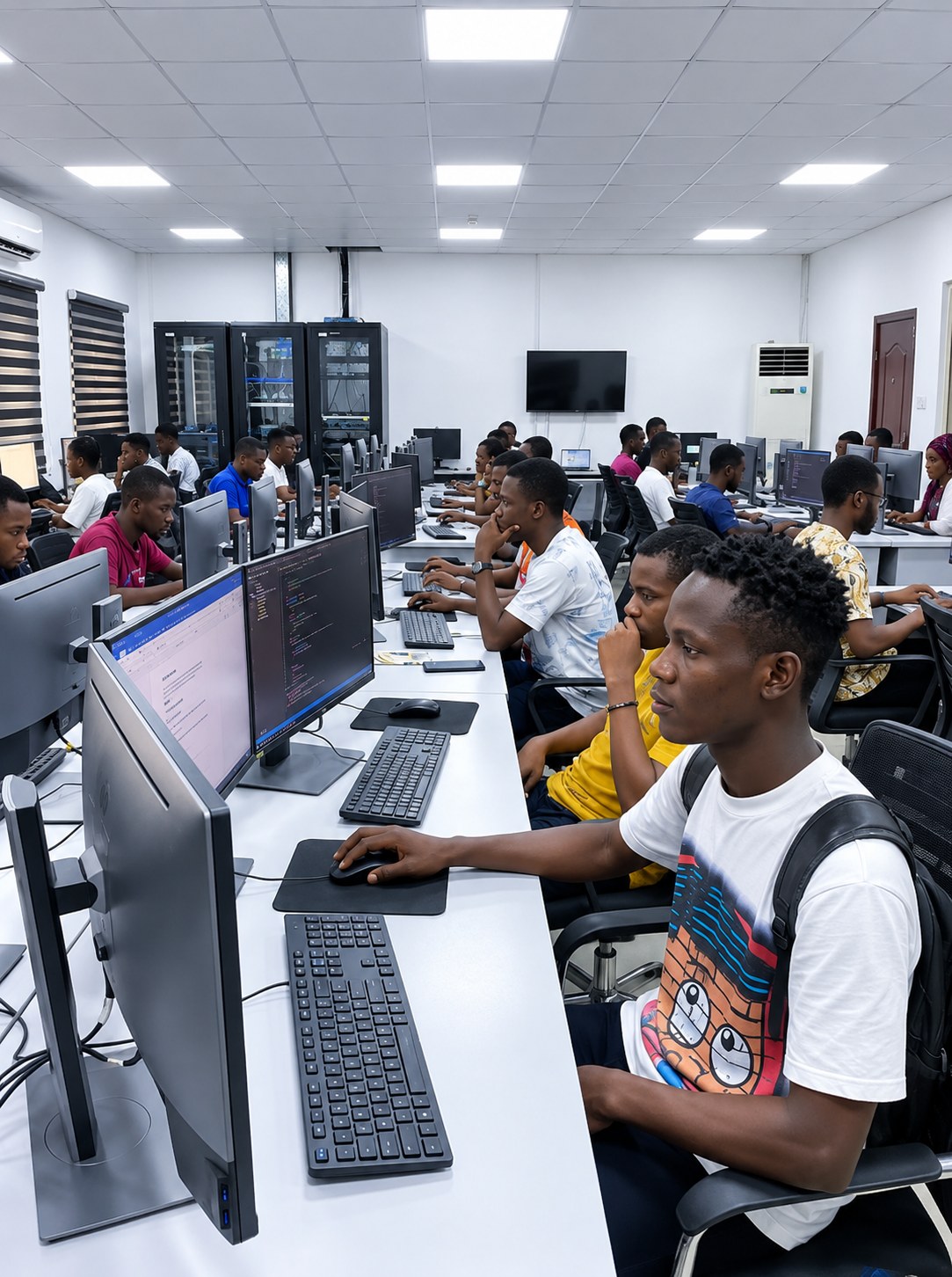 Trainees working through code and analysis exercises in an ICT hall