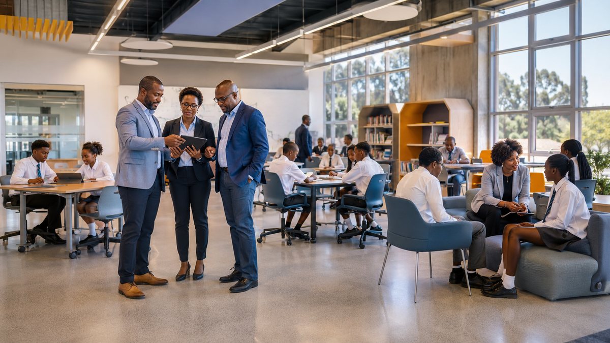 School learning commons in use, with staff reviewing the space alongside students