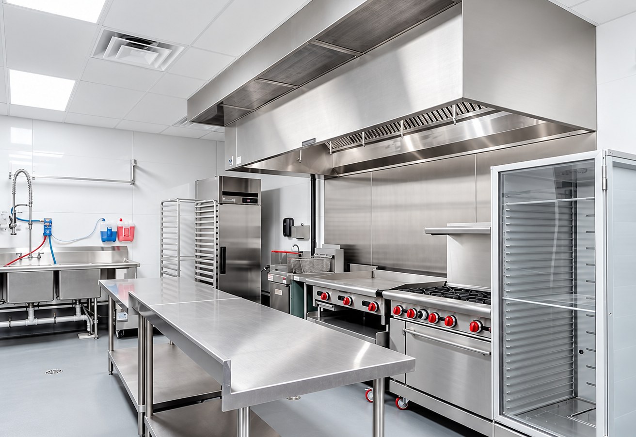 Commercial kitchen with extraction canopy, cooking range and pass-through refrigeration