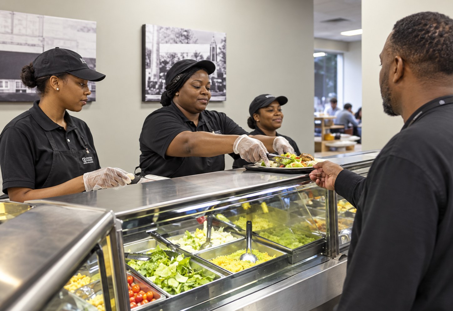 Serving team plating meals at a refrigerated servery counter