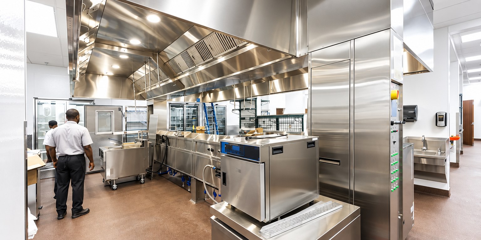Staff member in a stainless-steel institutional catering kitchen