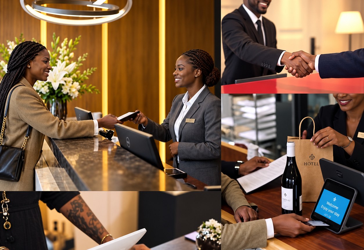 Front-desk check-in, card payment and guest-service moments in a hotel