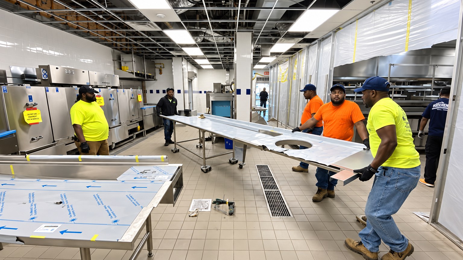 Installation team fitting stainless-steel counters during a commercial kitchen build-out
