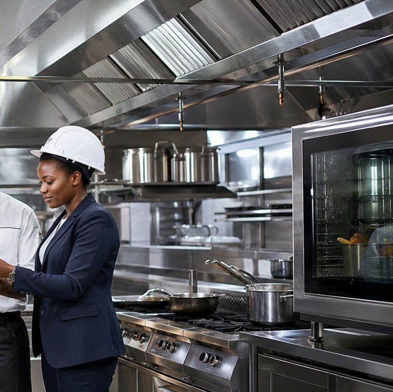 Commercial kitchen cooking line beneath a stainless extraction canopy, with combi oven and gas range