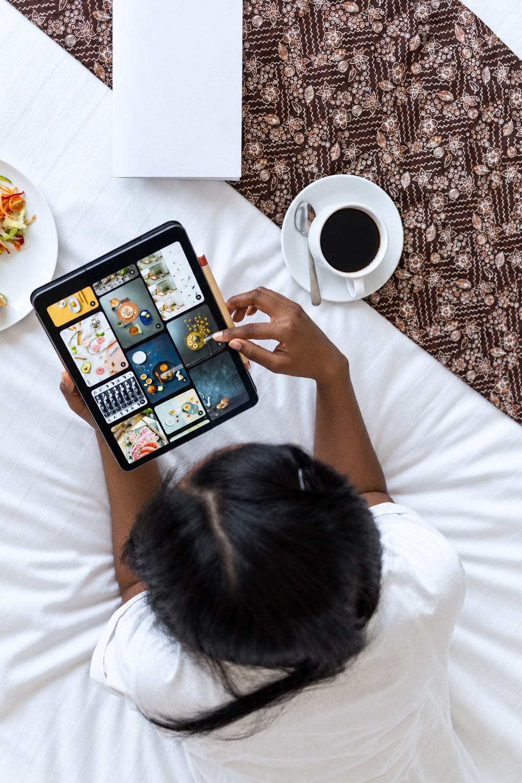 Hotel guest using an in-room tablet to browse dining and service options