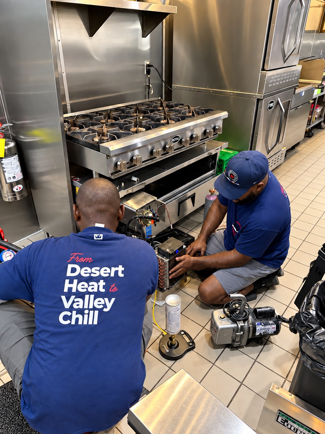 Technicians servicing a commercial cooking range during maintenance