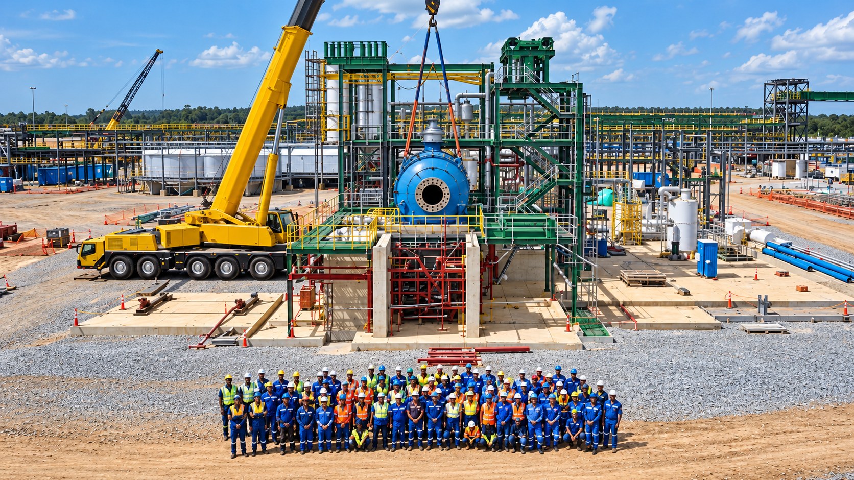 Assembled project workforce before a mill installation and mobile crane at a plant construction site