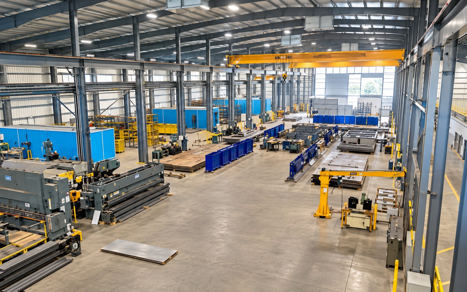 Steel fabrication hall with overhead cranes, plate stock and processing lines