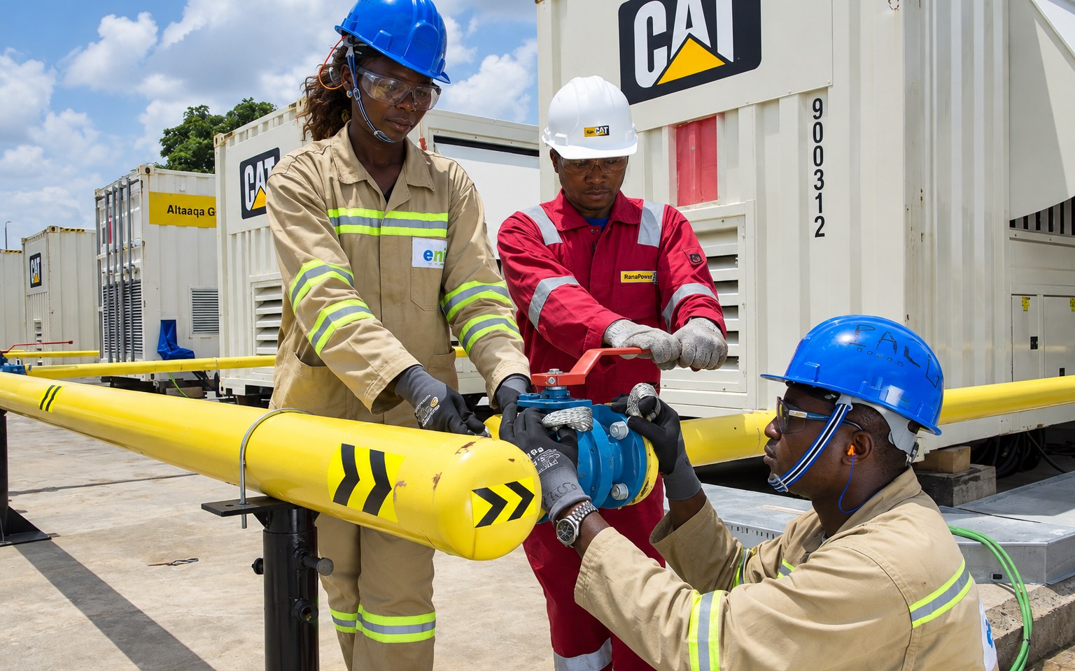 Technicians assembling a pipeline valve beside containerised generator units