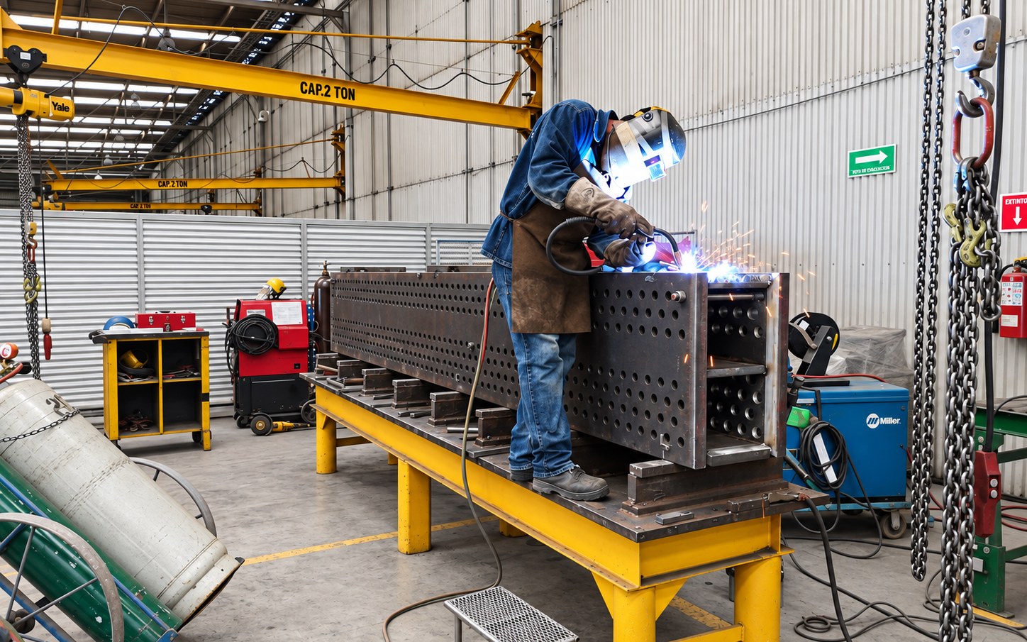 Welder fabricating a perforated steel beam on a workshop welding table beneath jib cranes