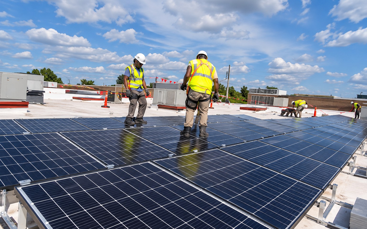 Installation crew fitting rooftop solar panels on a commercial building