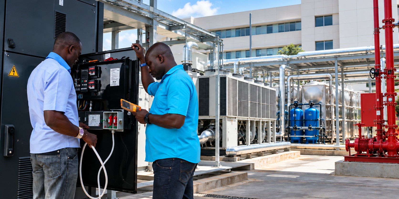 Technicians commissioning switchgear beside chiller and water-treatment plant outside a hospital facility