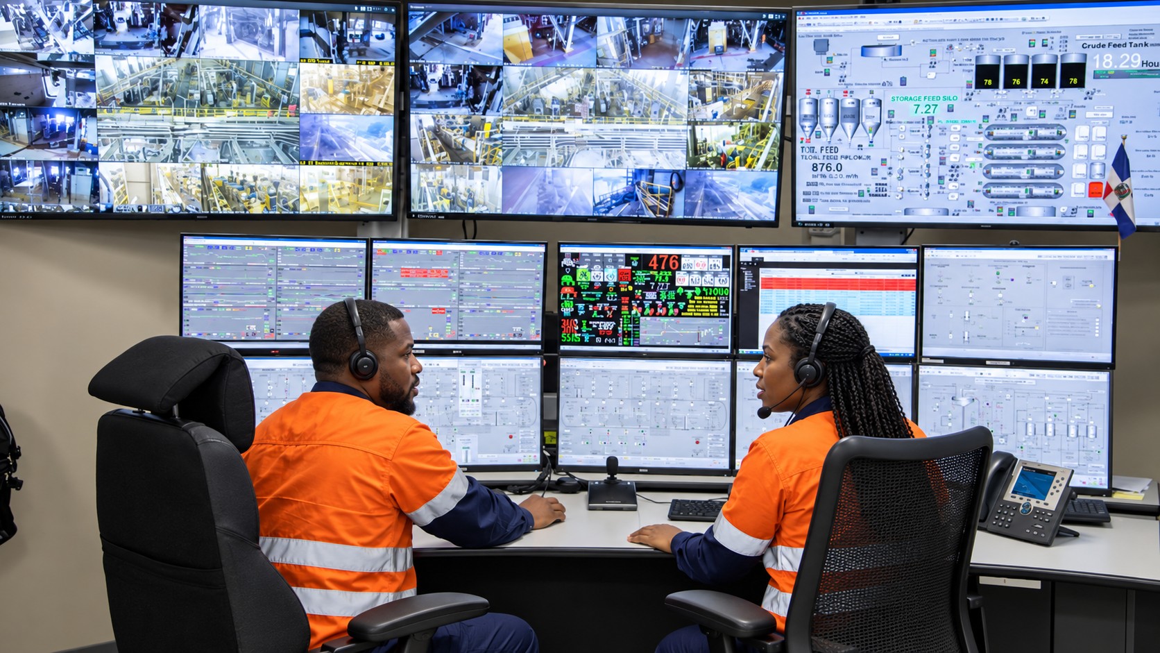Operators monitoring site CCTV walls and SCADA process dashboards in a facility control room