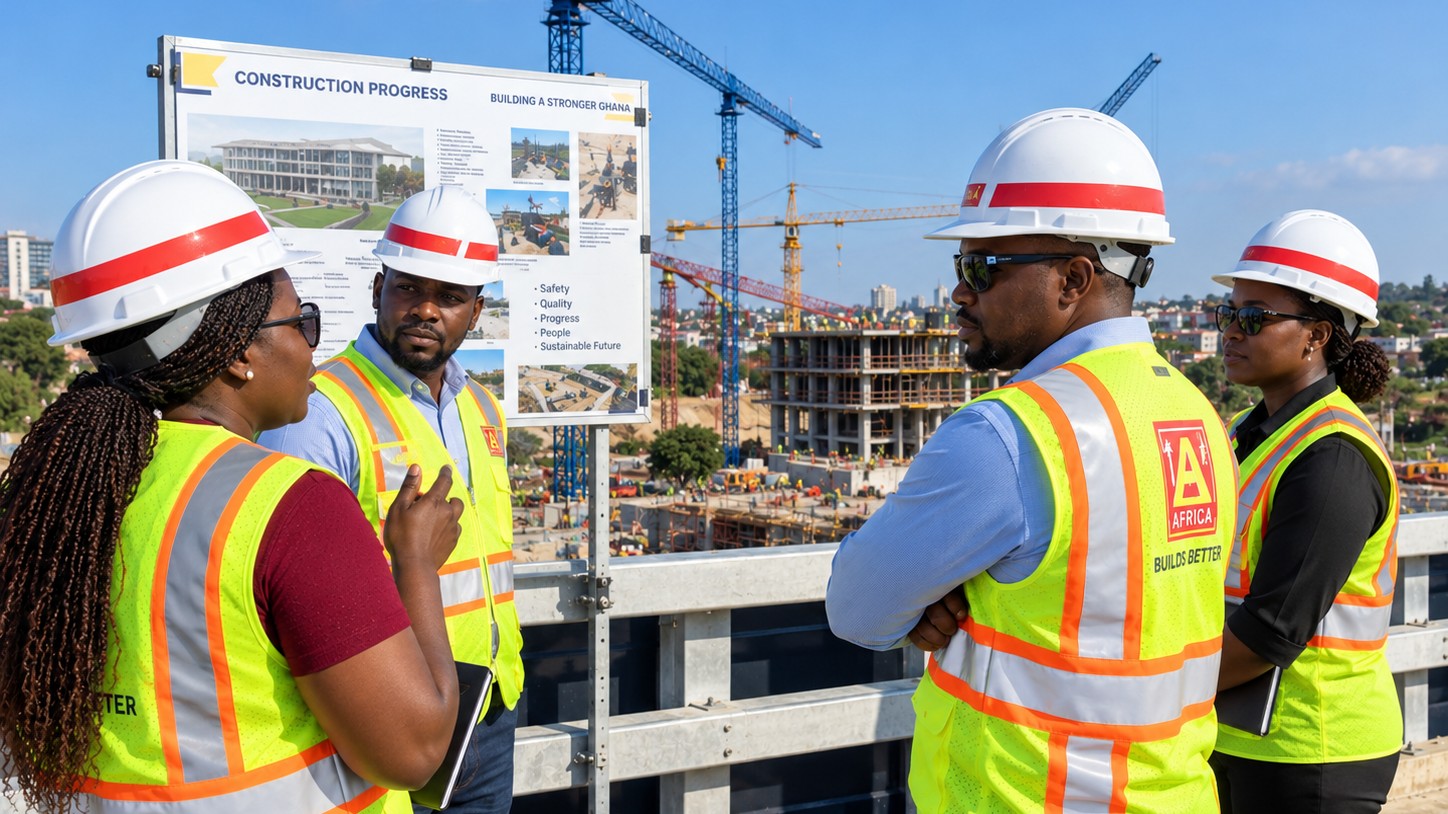 Project team reviewing a construction progress board above an active site