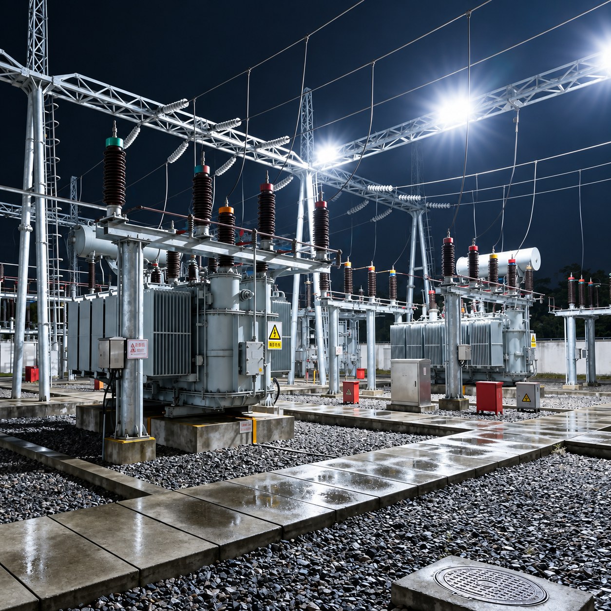 High-voltage substation transformers energised at night