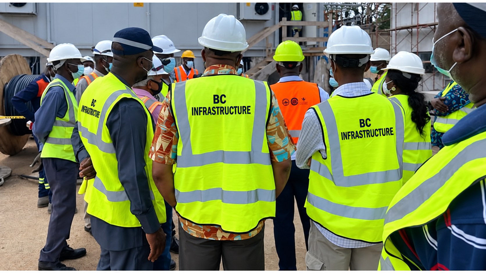 Site team in BC Infrastructure high-visibility vests gathered for an on-site training and induction briefing