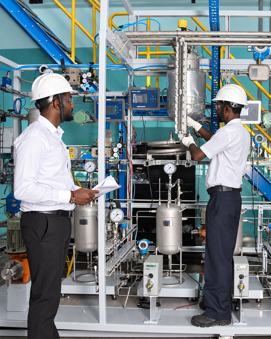 Technicians working on a skidded clean-utility process unit