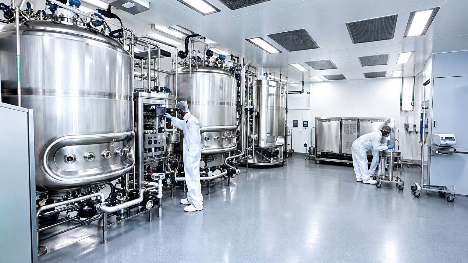 Technicians working among stainless processing vessels of the kind qualified during commissioning and validation
