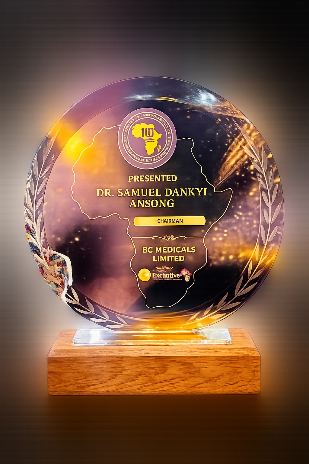 Award trophy presented to Dr. Samuel Dankyi Ansong, Chairman of BC Medicals Limited, by The Business Executive.